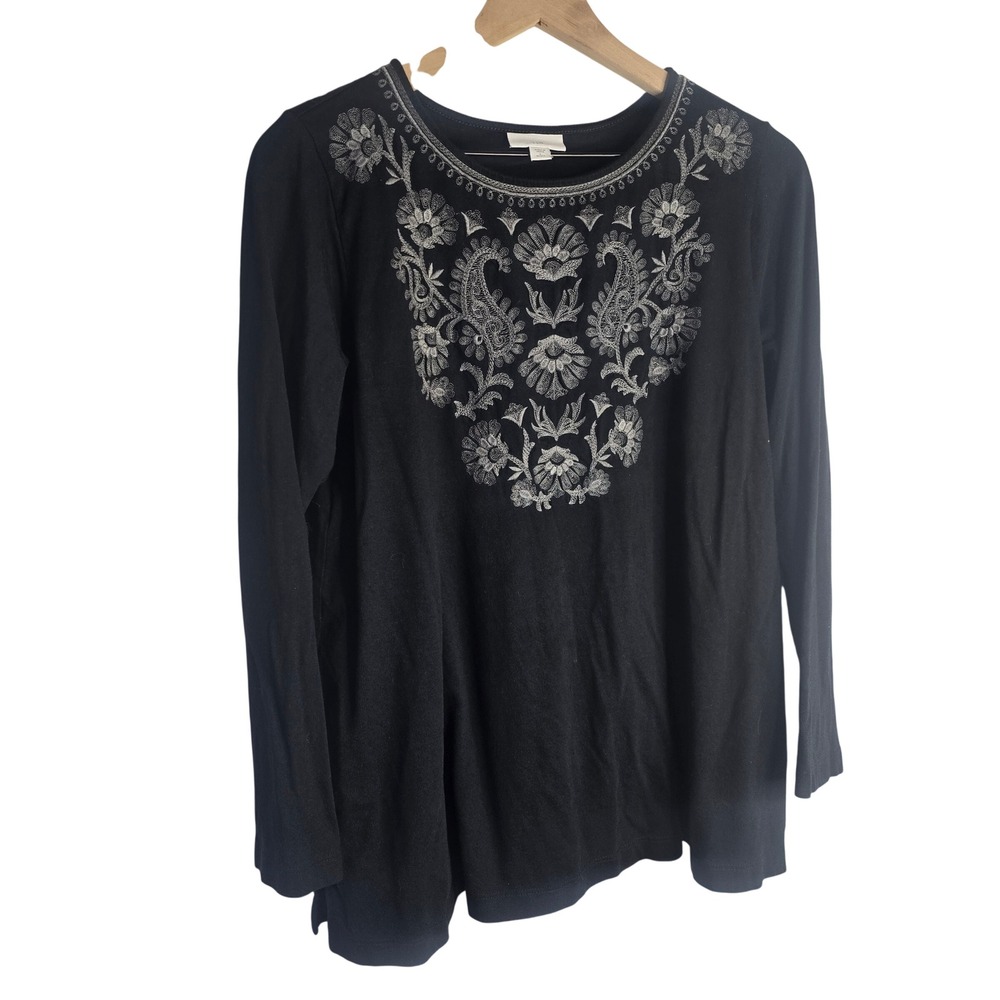 J. Jill Embroidered Tunic Top Women L Petite Black Cotton Modal Boho KTP231142